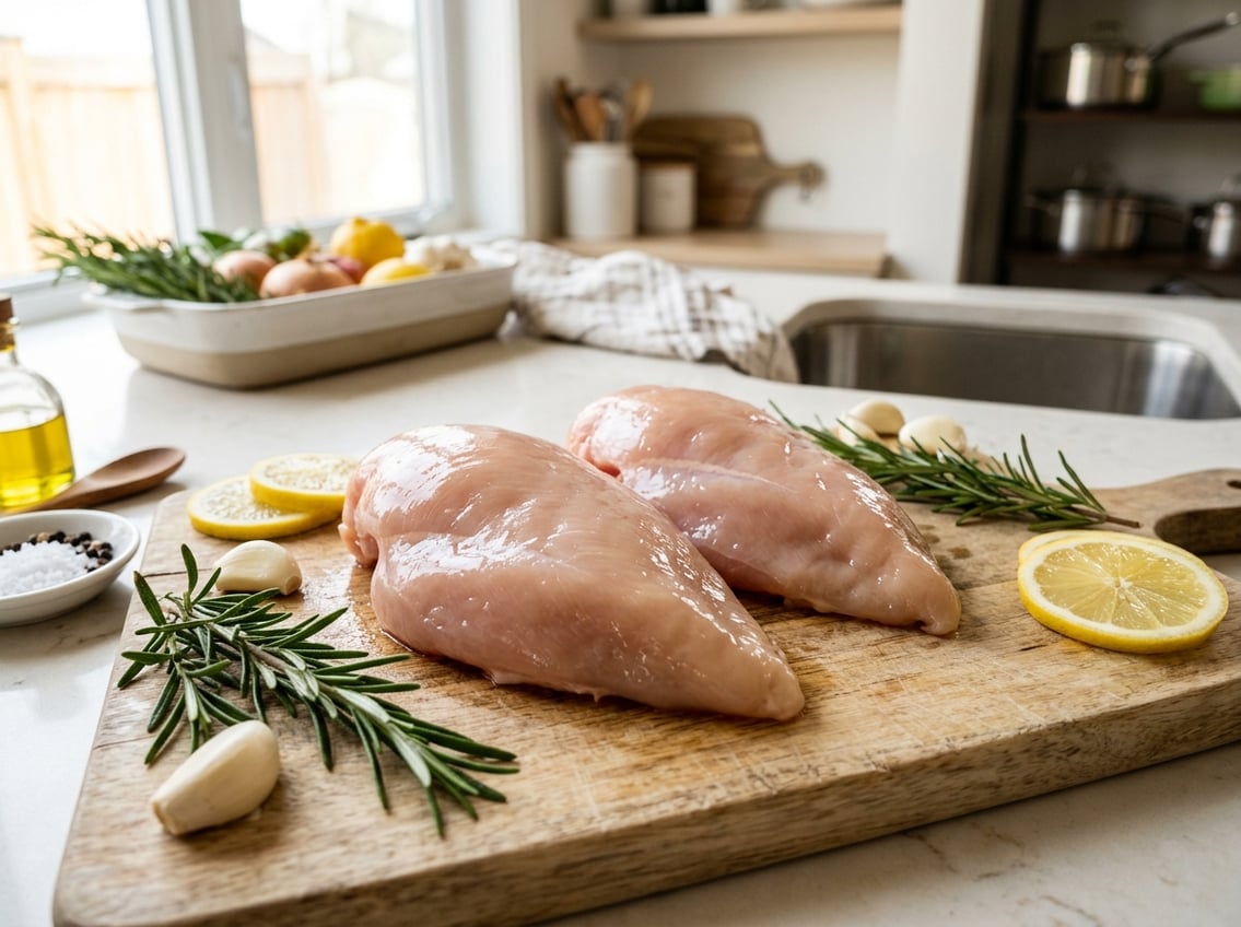 Close-up of raw chicken breasts on a cutting board with fresh herbs and lemon slices in a kitchen.