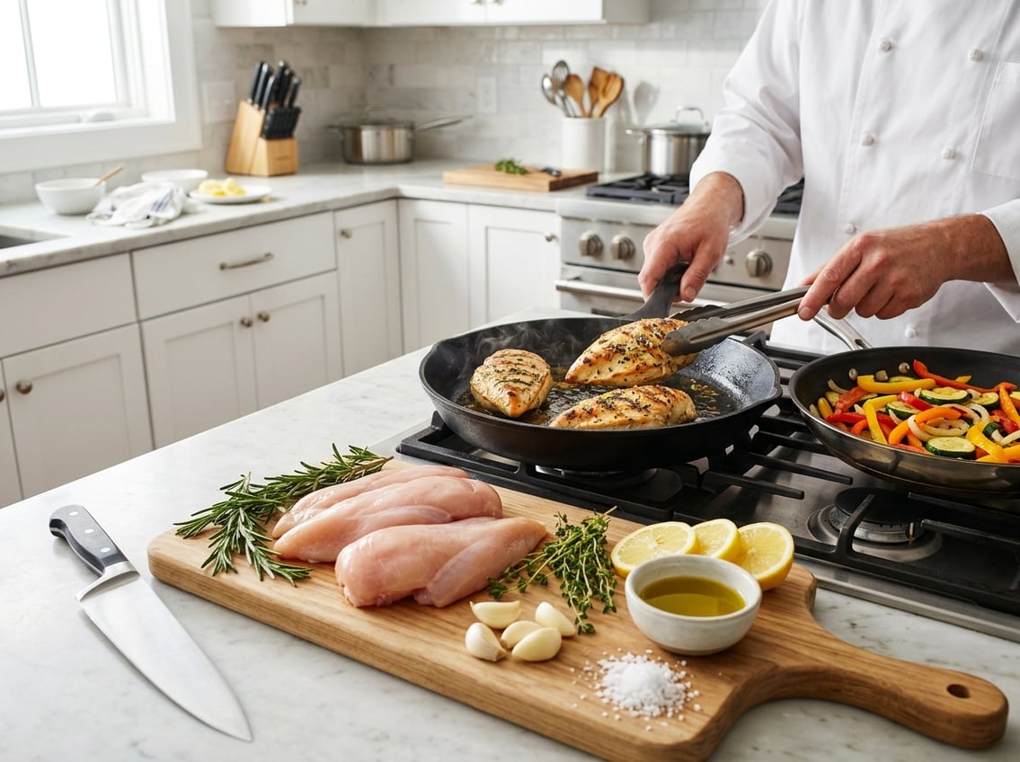 Fresh raw chicken breasts on a cutting board with herbs and lemon, next to a skillet with cooked chicken breasts and sautéed vegetables in a kitchen.