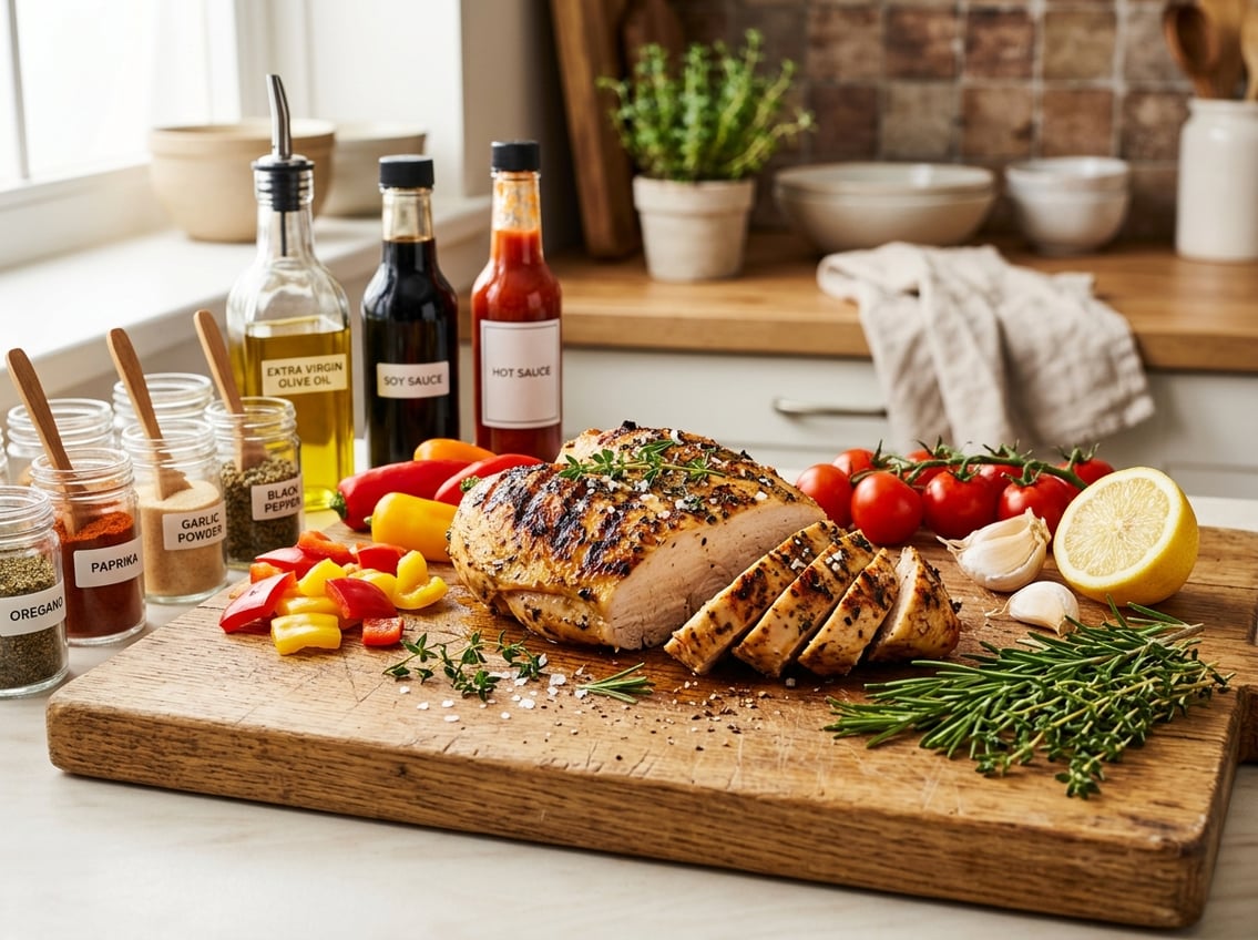 Cooked chicken breast on a wooden board surrounded by seasoning jars, sauces, fresh herbs, and vegetables in a bright kitchen.