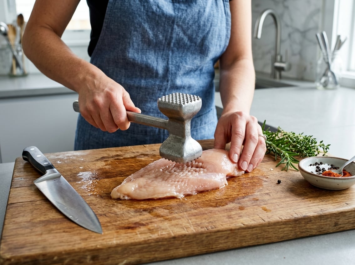Hands flattening a raw chicken breast on a wooden cutting board with a meat mallet in a kitchen setting.