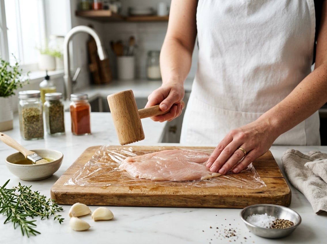 Hands flattening a raw chicken breast on a wooden cutting board in a kitchen setting.