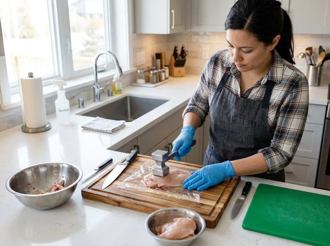 A person wearing gloves flattens a raw chicken breast on a cutting board in a clean kitchen.
