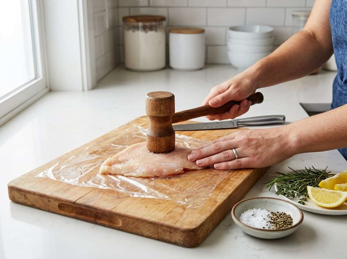 Hands flattening a raw chicken breast on a kitchen countertop with fresh herbs and seasoning nearby.
