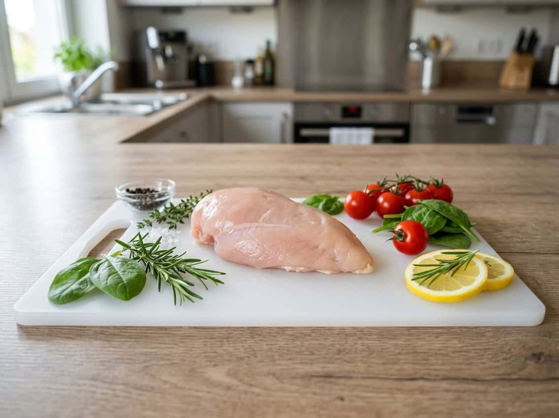 A raw chicken breast on a white cutting board surrounded by fresh vegetables and herbs on a kitchen countertop.