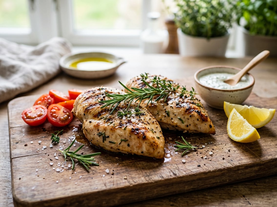 Close-up of cooked chicken breasts on a cutting board with herbs, tomatoes, and lemon wedges.