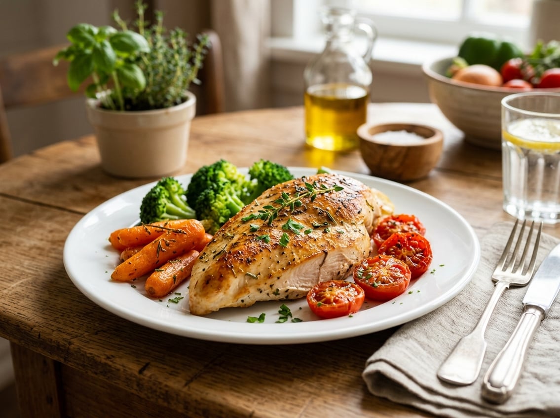 A cooked chicken breast served on a plate with steamed vegetables on a wooden table.