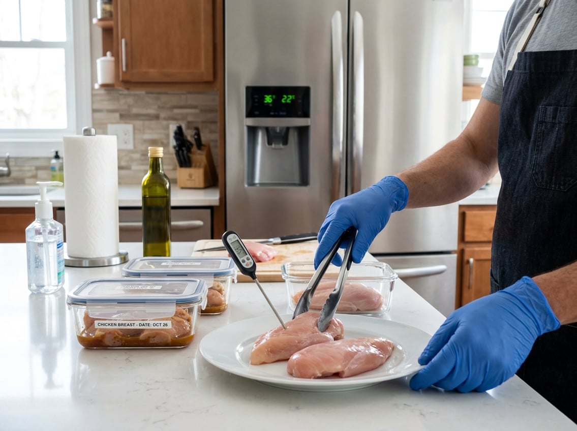 Fresh raw chicken breasts on a plate in a clean kitchen with storage containers and a refrigerator in the background.