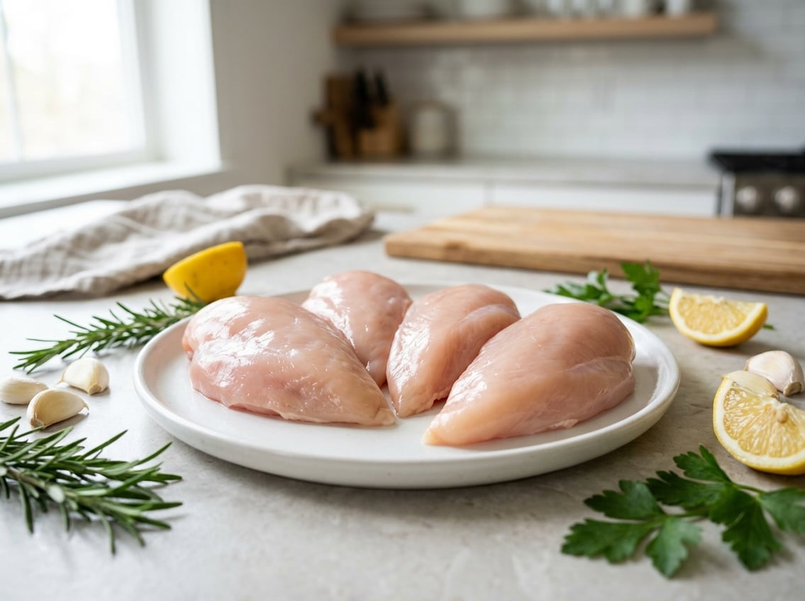 Raw boneless chicken breasts on a white plate with fresh herbs, garlic, and lemon wedges on a kitchen countertop.