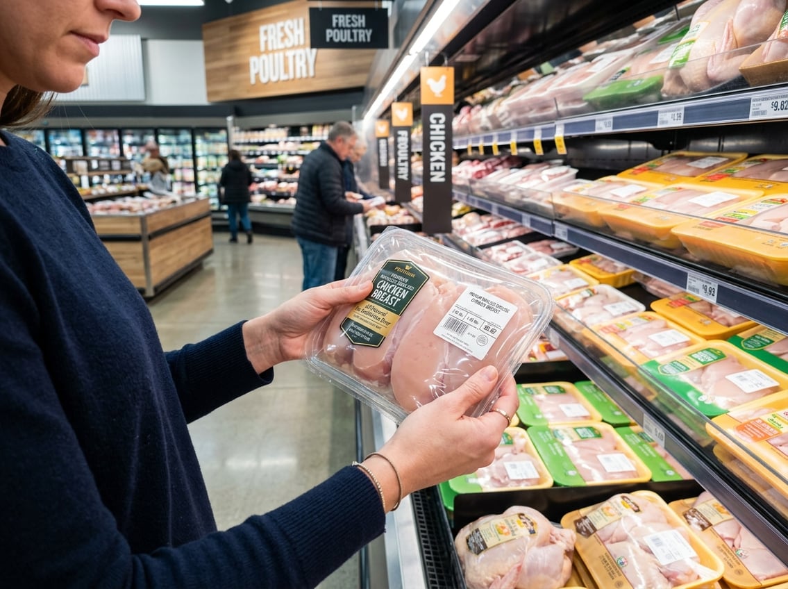 A person holding a package of boneless chicken breasts while shopping in a grocery store meat section.