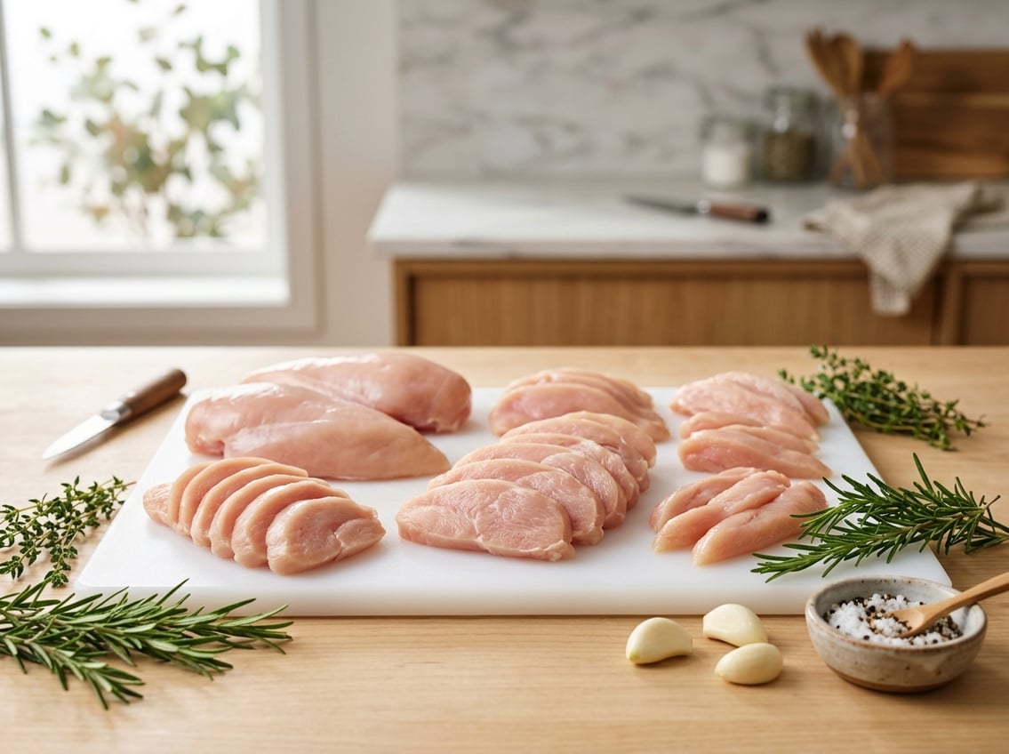 Raw boneless chicken breasts and slices arranged on a cutting board with herbs and seasonings in a kitchen setting.