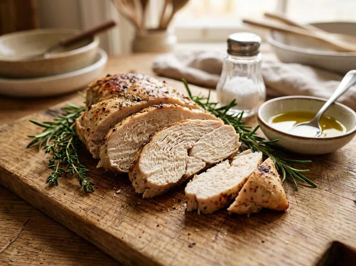 Close-up of sliced cooked chicken breast on a wooden cutting board with herbs and cooking ingredients nearby.