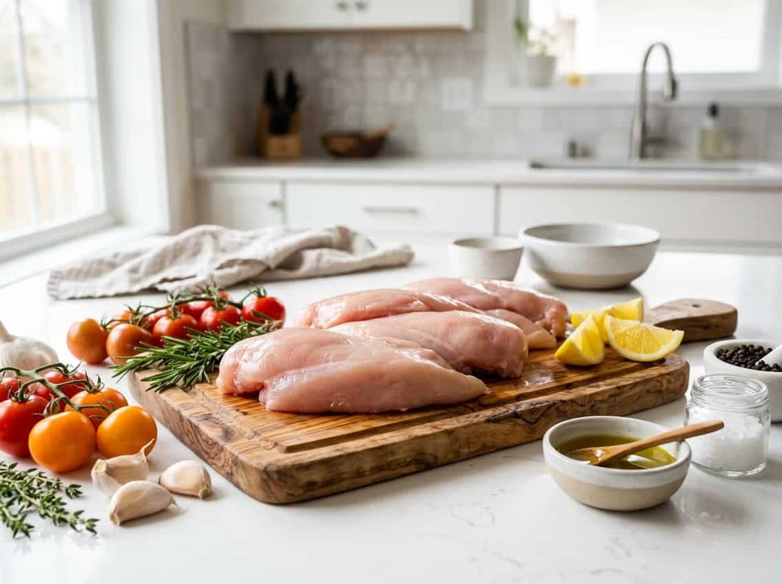 Raw boneless chicken breasts on a cutting board surrounded by fresh ingredients like tomatoes, garlic, herbs, and lemon wedges in a kitchen setting.