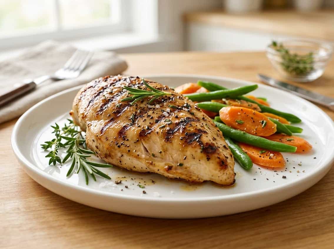A cooked chicken breast on a plate with fresh herbs and steamed vegetables.