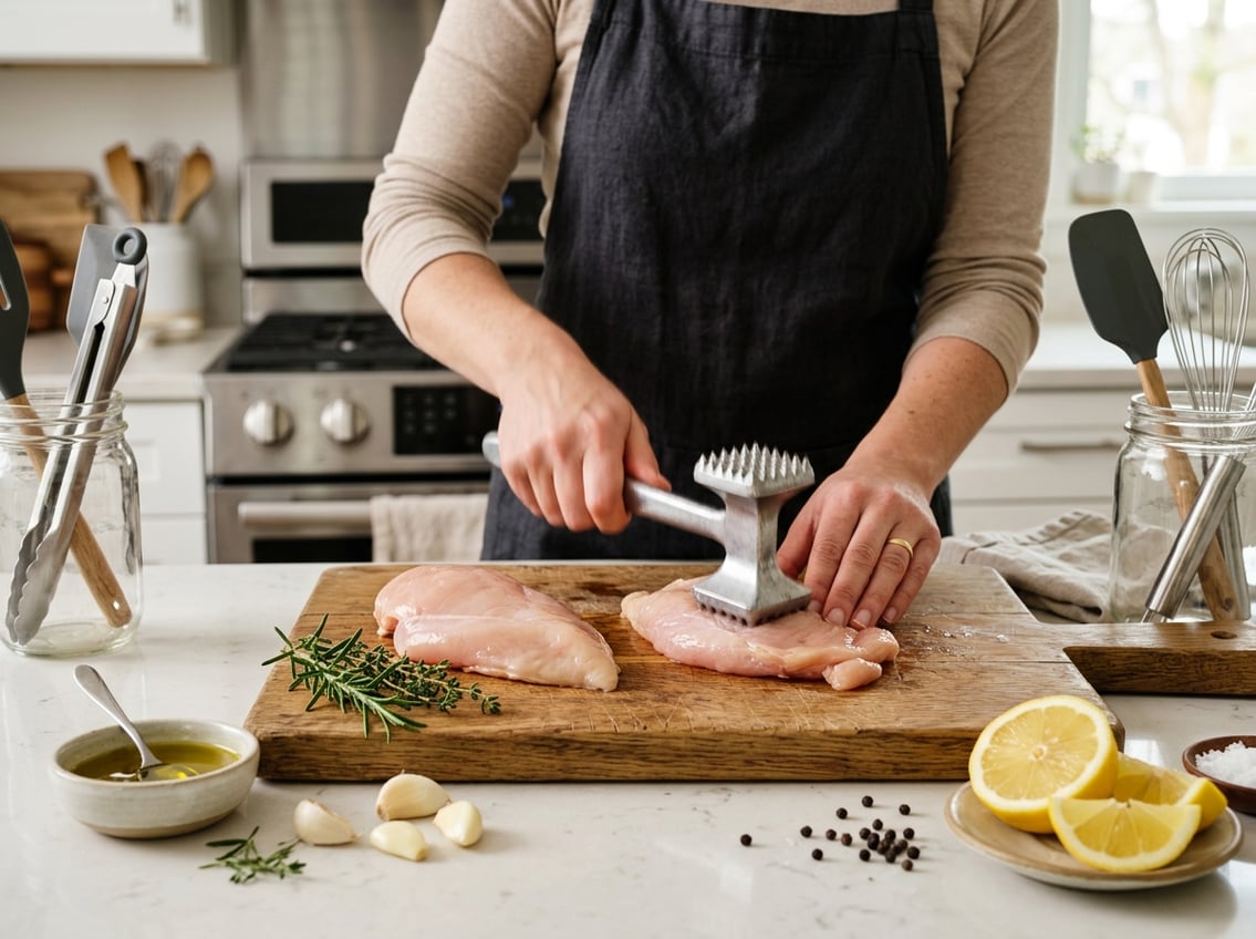 Hands tenderizing raw chicken breasts on a cutting board with fresh herbs and ingredients nearby in a kitchen.
