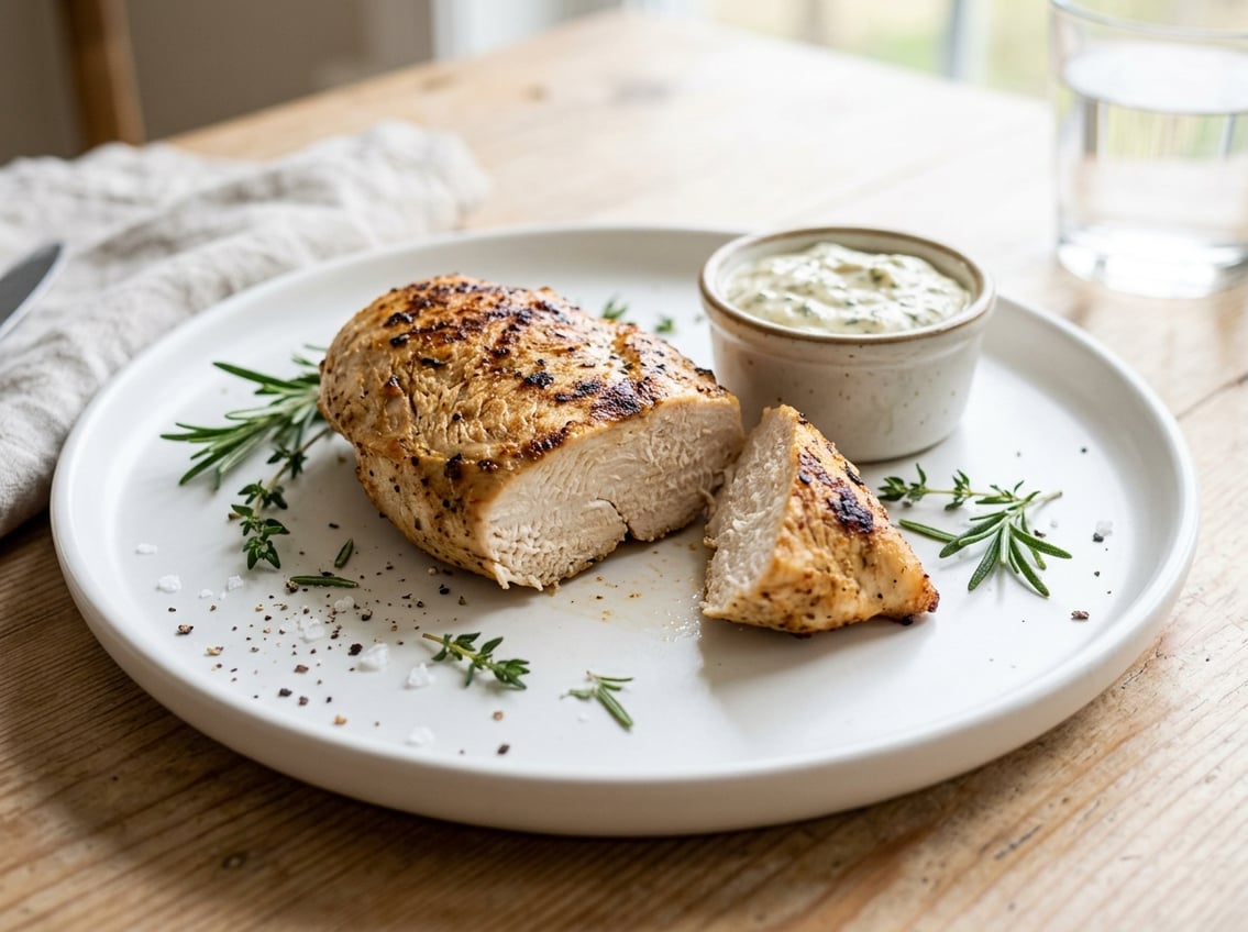Close-up of a cooked chicken breast on a white plate with herbs and dipping sauce on the side.