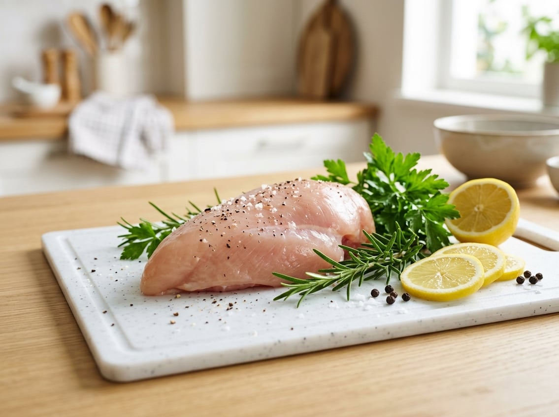Close-up of a raw chicken breast on a white cutting board with fresh herbs and lemon slices in a bright kitchen.