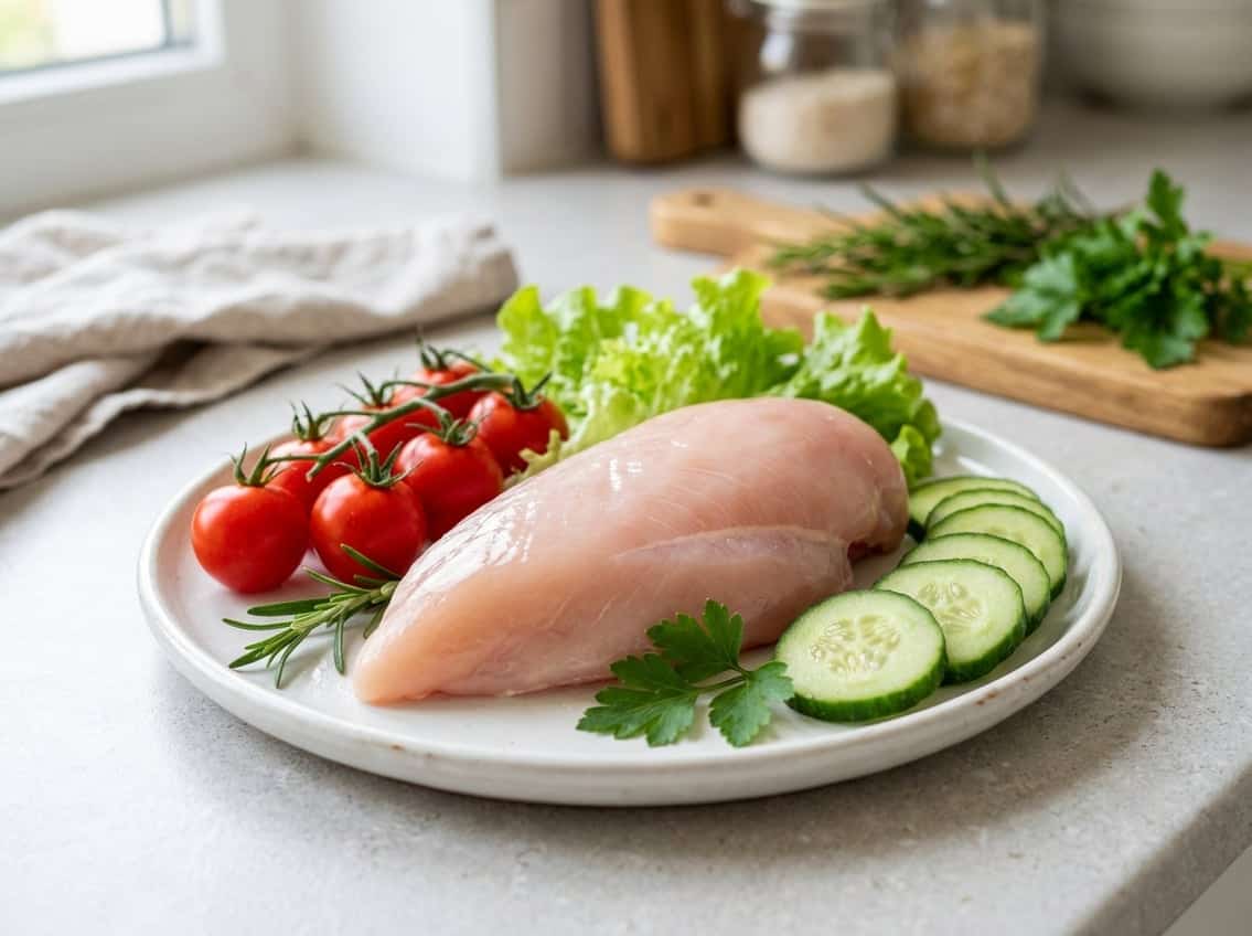 A fresh raw chicken breast on a white plate surrounded by fresh vegetables on a kitchen counter.