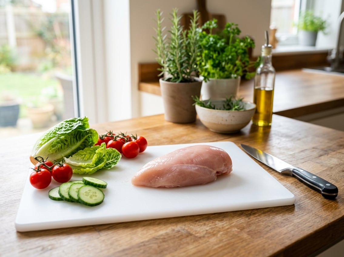 A fresh raw chicken breast on a cutting board surrounded by fresh vegetables and herbs in a bright kitchen.
