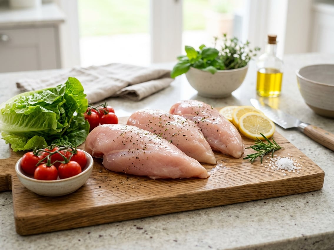 Fresh raw chicken breasts on a wooden cutting board with vegetables in a bright kitchen setting.