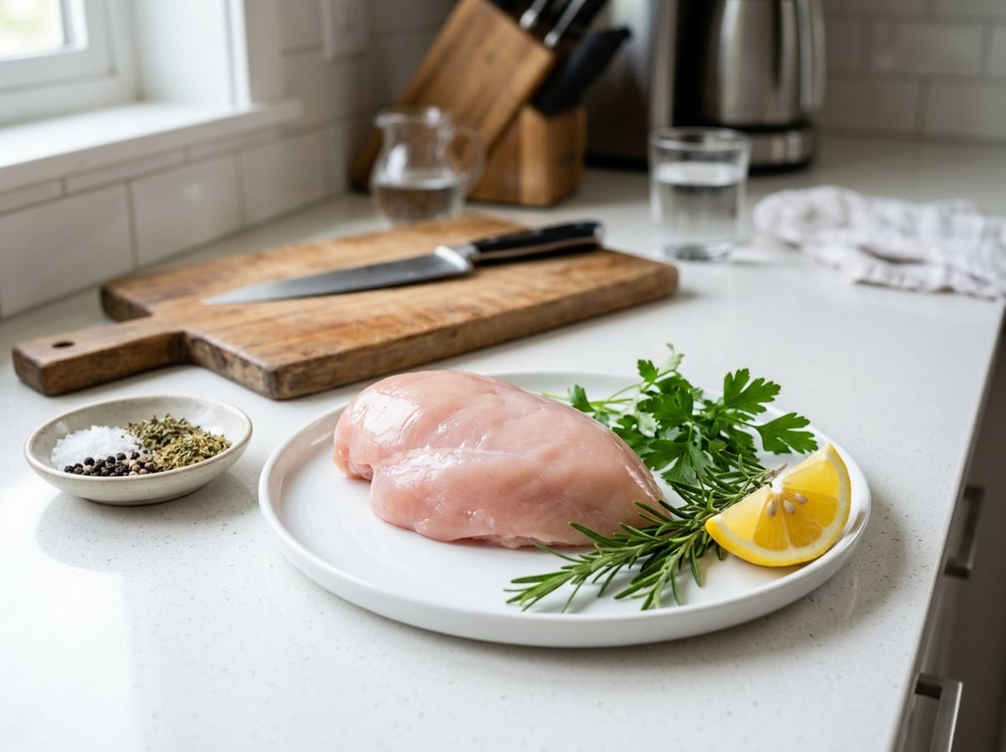 A raw chicken breast on a white plate surrounded by fresh herbs, spices, and a lemon wedge on a kitchen countertop.