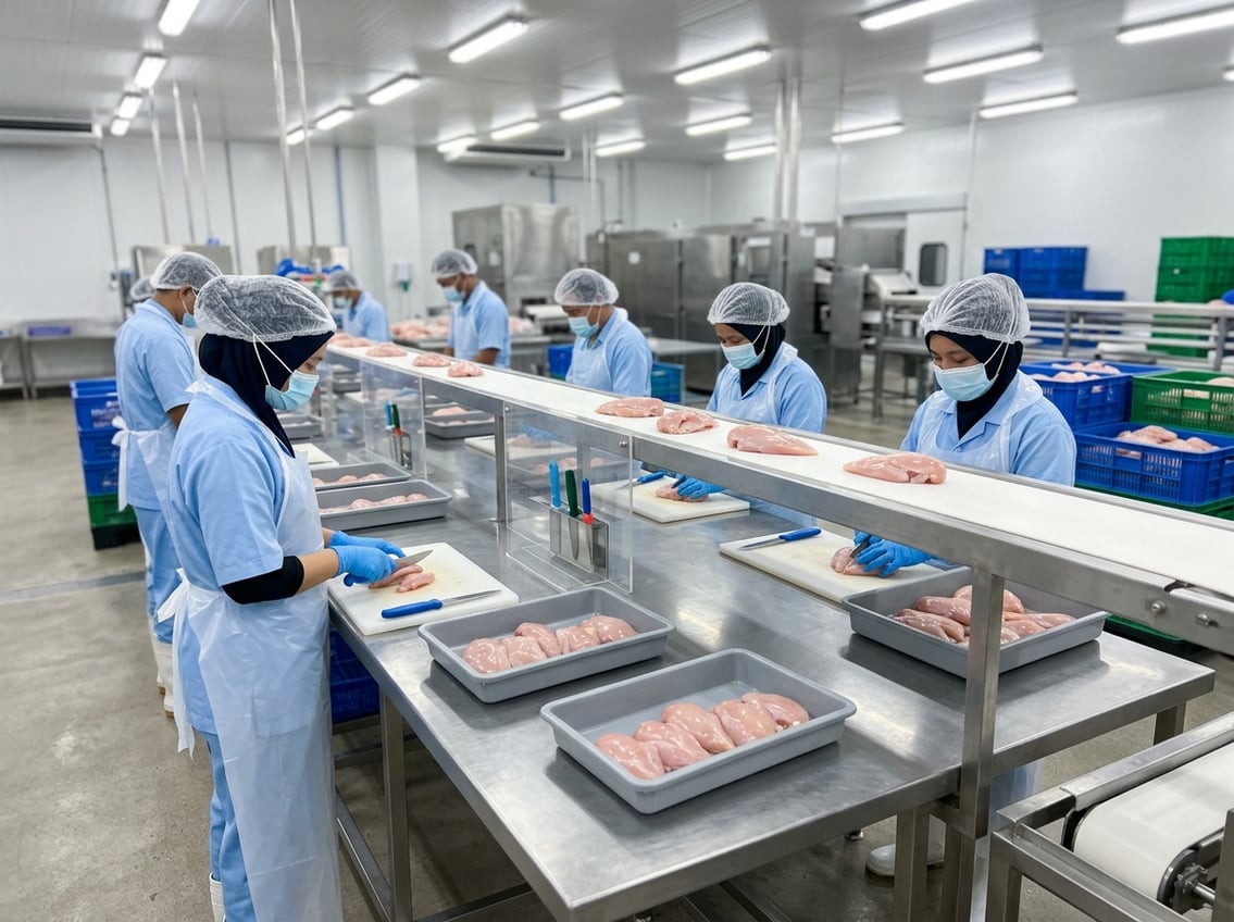 Workers in protective clothing handling fresh chicken breasts in a clean poultry processing facility.