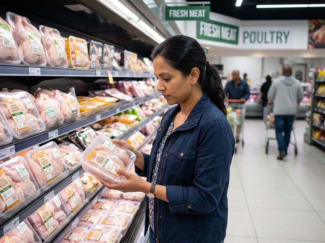 A person examining packaged chicken breasts in a grocery store meat aisle.