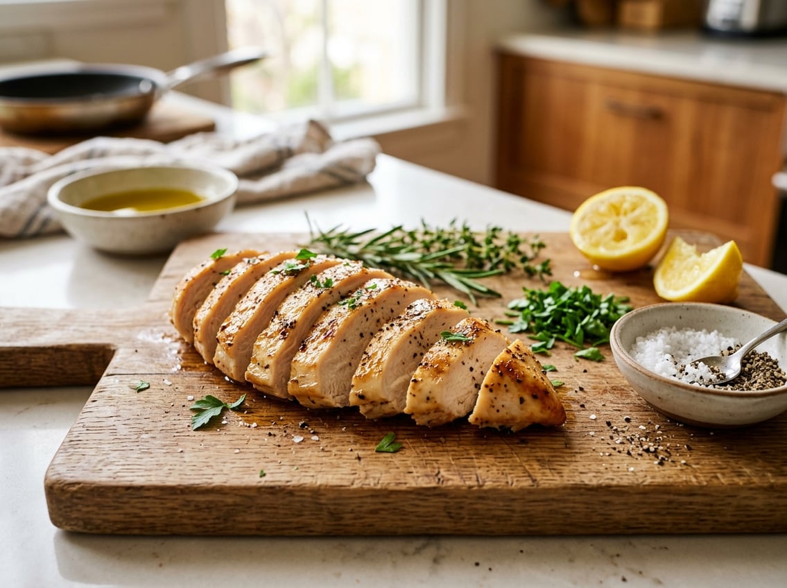 A sliced cooked chicken breast on a wooden cutting board with fresh herbs and lemon wedges nearby.
