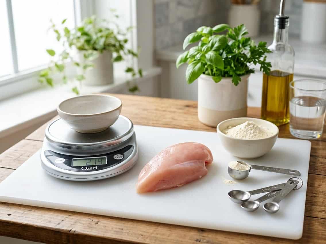 Raw chicken breast on a cutting board with measuring tools and fresh herbs in a kitchen.