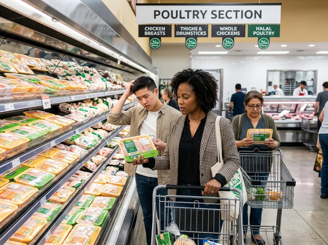 Shoppers examining packaged chicken breasts in a supermarket poultry section, appearing thoughtful and attentive.