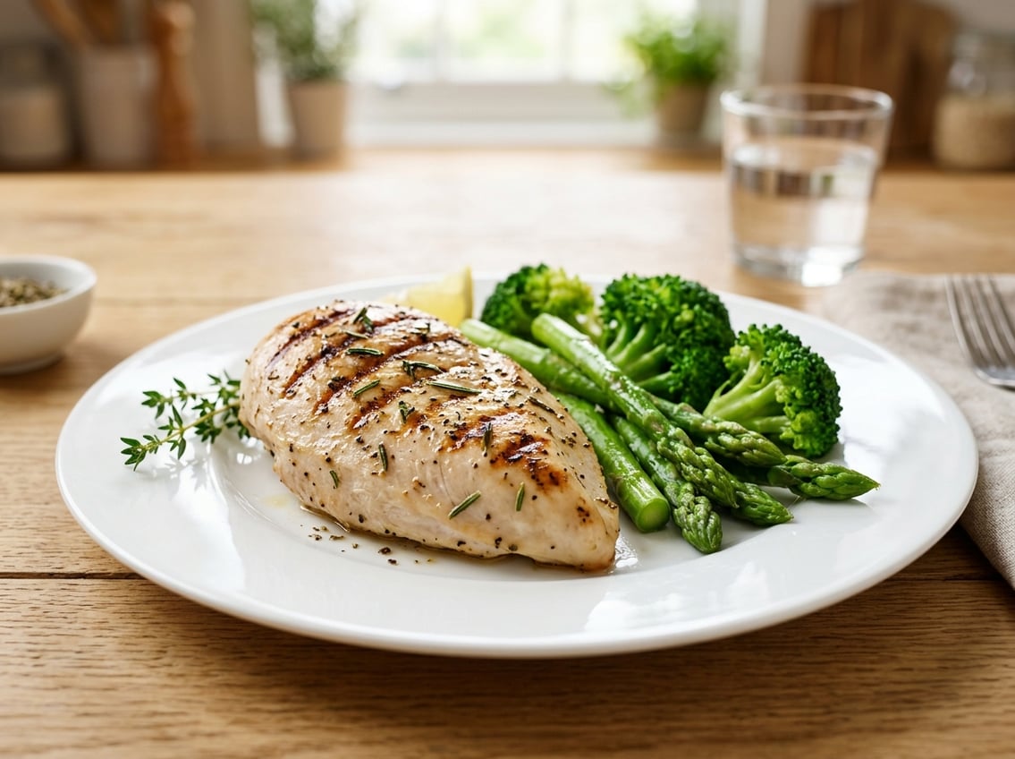 A cooked chicken breast on a white plate with steamed broccoli and asparagus.