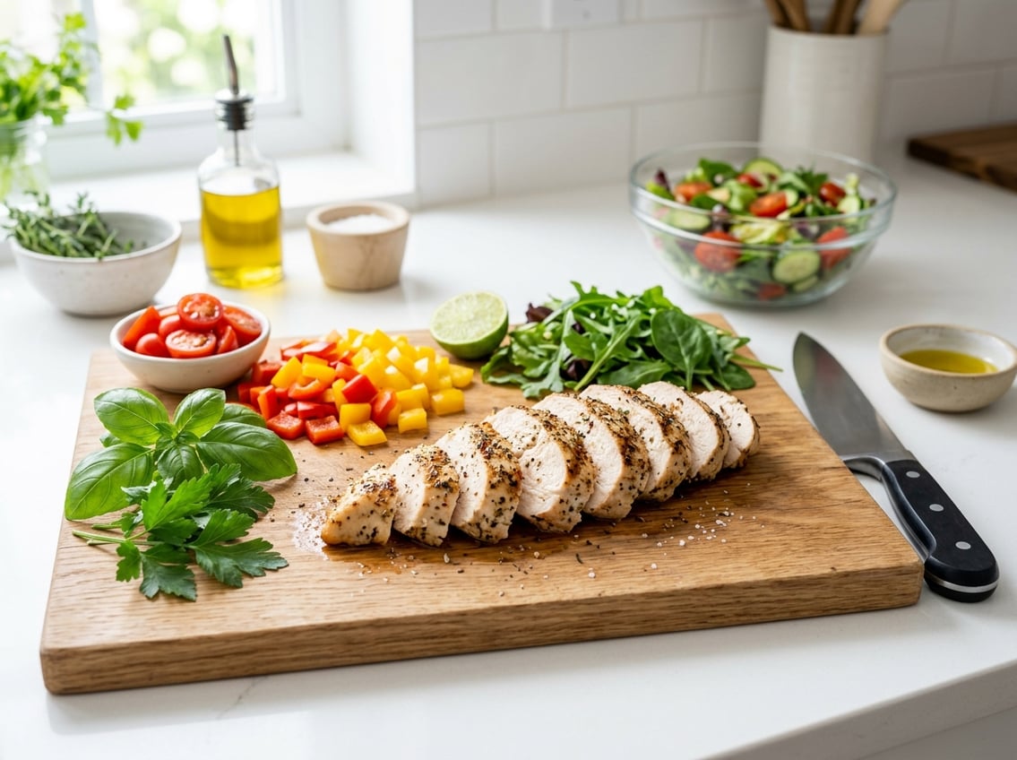 Sliced cooked chicken breast on a cutting board surrounded by fresh vegetables and herbs in a bright kitchen.