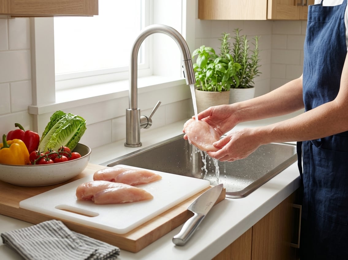 Hands washing raw chicken breasts under running water in a clean kitchen sink with fresh vegetables nearby.