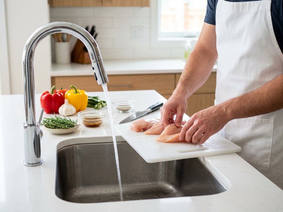 A person preparing raw chicken breasts on a cutting board in a clean kitchen with fresh vegetables and running water in the sink.