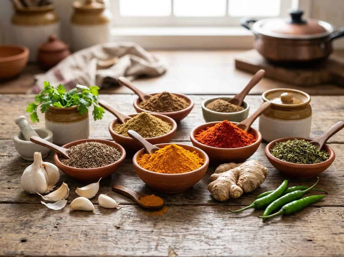 An assortment of colorful spices and fresh ingredients arranged on a wooden surface for making Shan chicken breast masala.