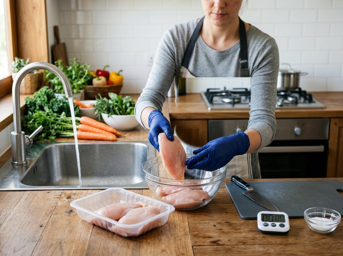A person wearing gloves placing raw chicken breasts into a glass bowl on a kitchen counter with fresh vegetables nearby and a sink in the background.