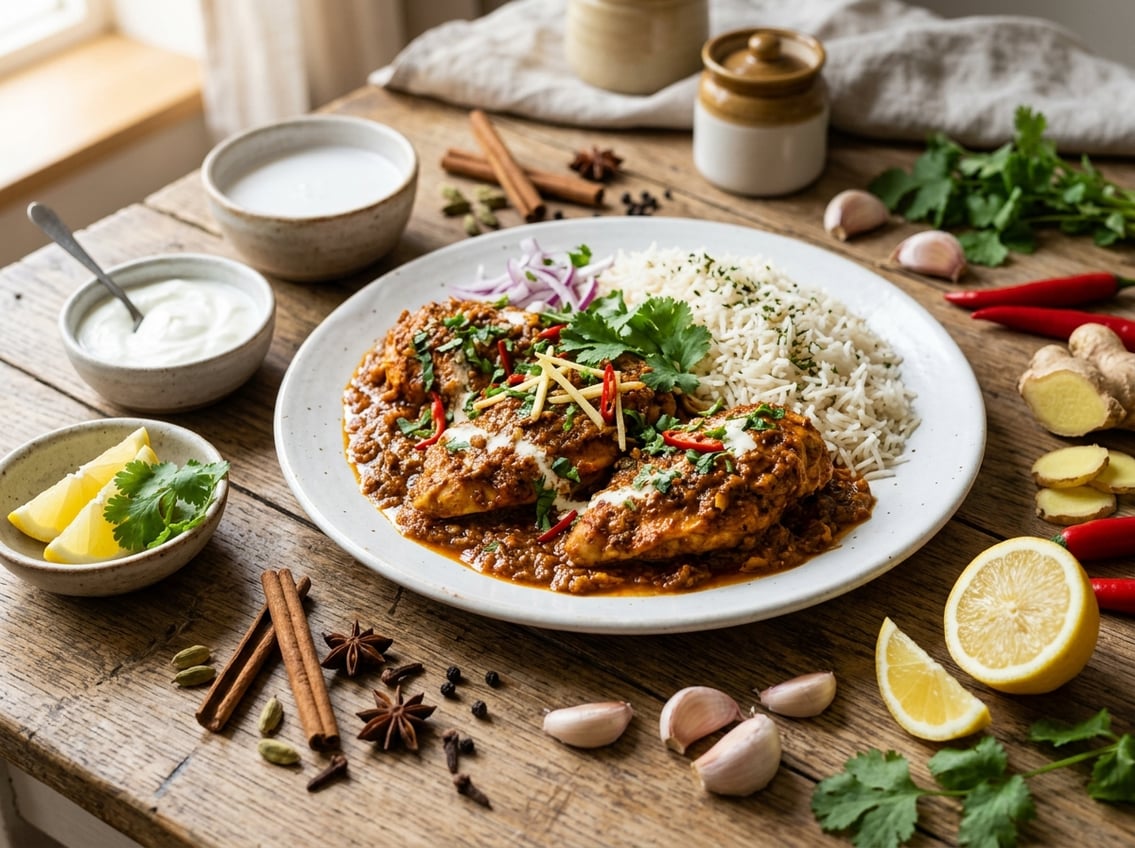 A plate of chicken breast masala with fresh spices and herbs arranged around it on a wooden table.
