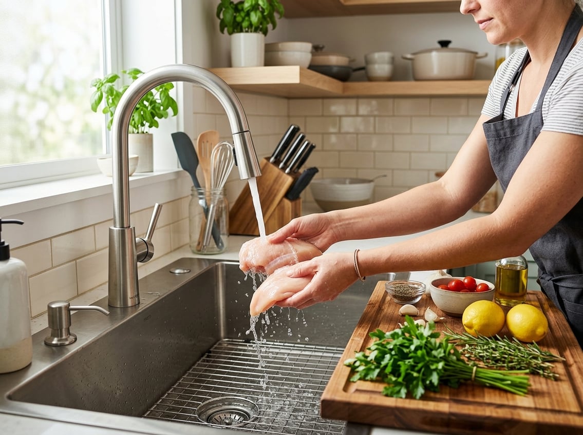Hands rinsing raw chicken breasts under running water in a kitchen sink with fresh ingredients nearby.
