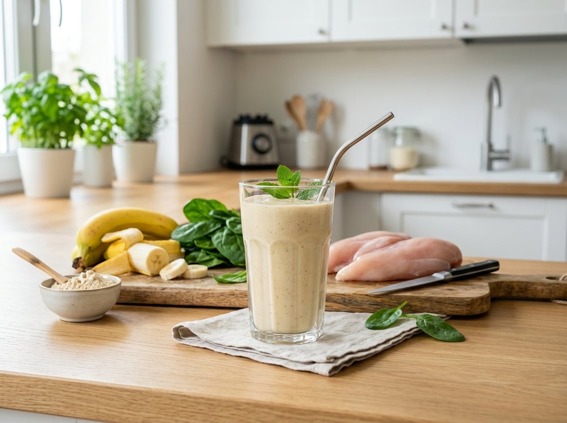 A glass of creamy smoothie surrounded by raw chicken breasts and fresh ingredients on a kitchen countertop.