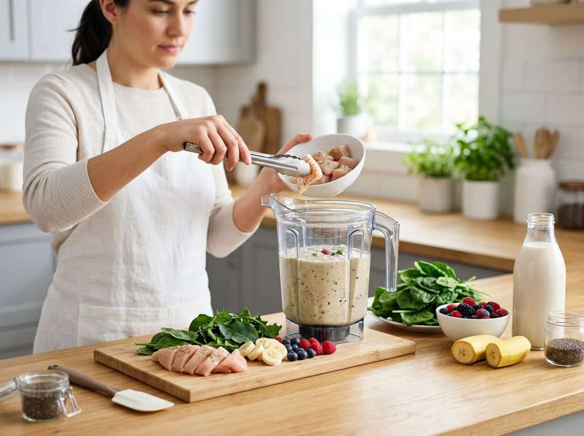 A person preparing and blending ingredients including raw chicken breasts and fruits in a kitchen.