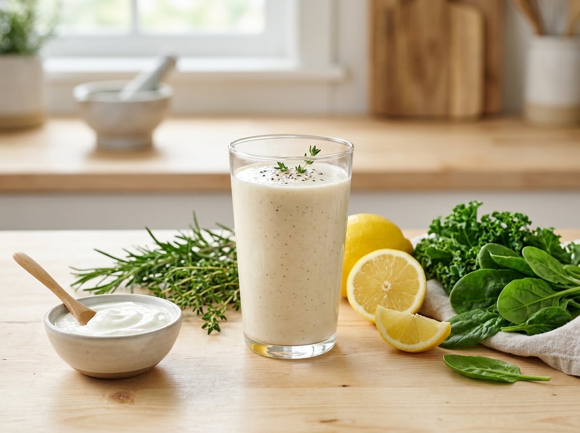 A glass of creamy chicken breast smoothie surrounded by fresh herbs, lemon slices, yogurt, and leafy greens on a kitchen countertop.
