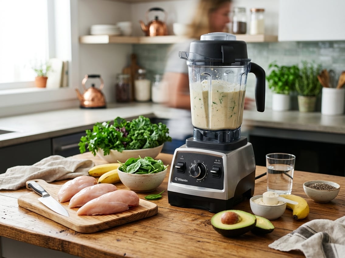 A kitchen countertop with raw chicken breasts, a blender containing a light smoothie, fresh fruits and vegetables, and kitchen utensils.