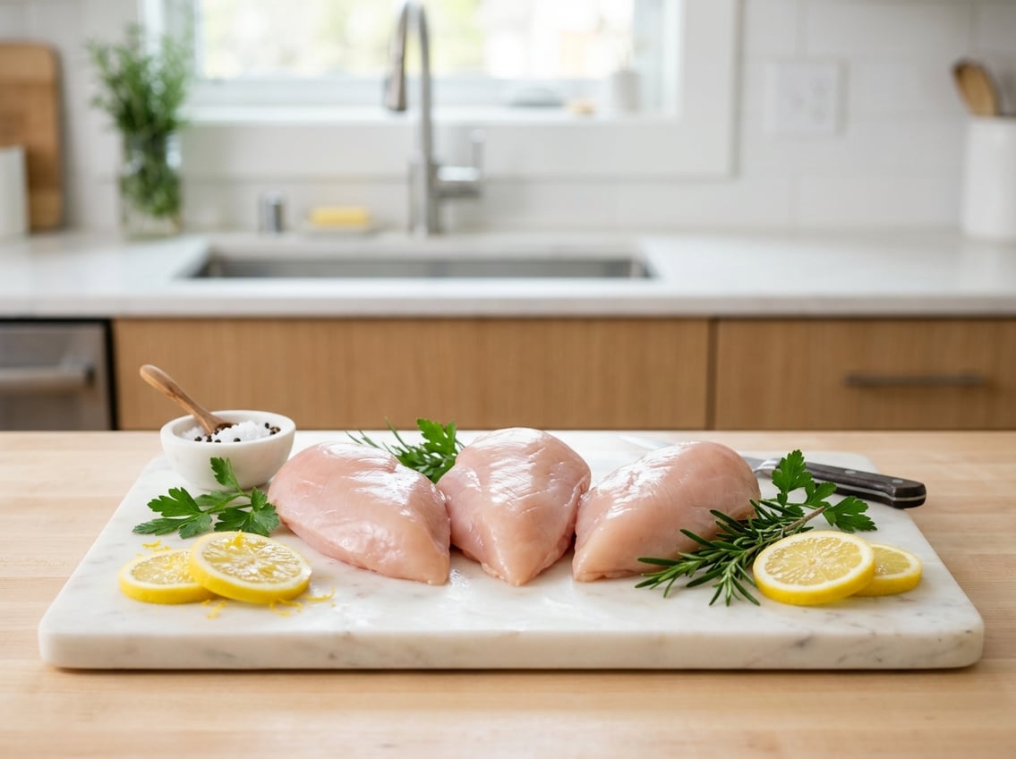 Raw skinless chicken breasts on a white cutting board with fresh herbs and lemon slices in a kitchen.