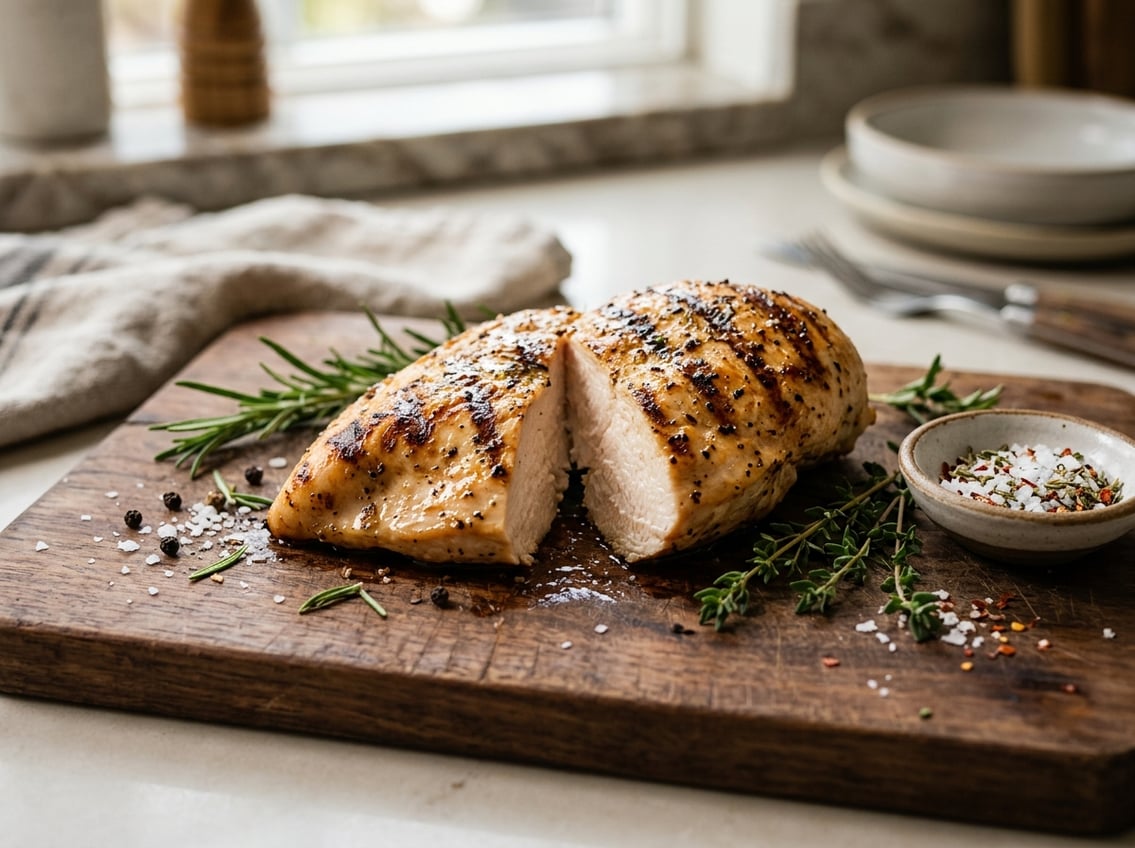 Close-up of a cooked chicken breast on a cutting board with fresh herbs and seasoning in a kitchen setting.