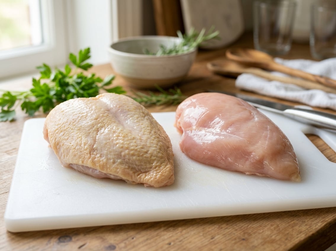 Two raw chicken breasts on a cutting board, one with skin on and one skinless, in a kitchen setting.