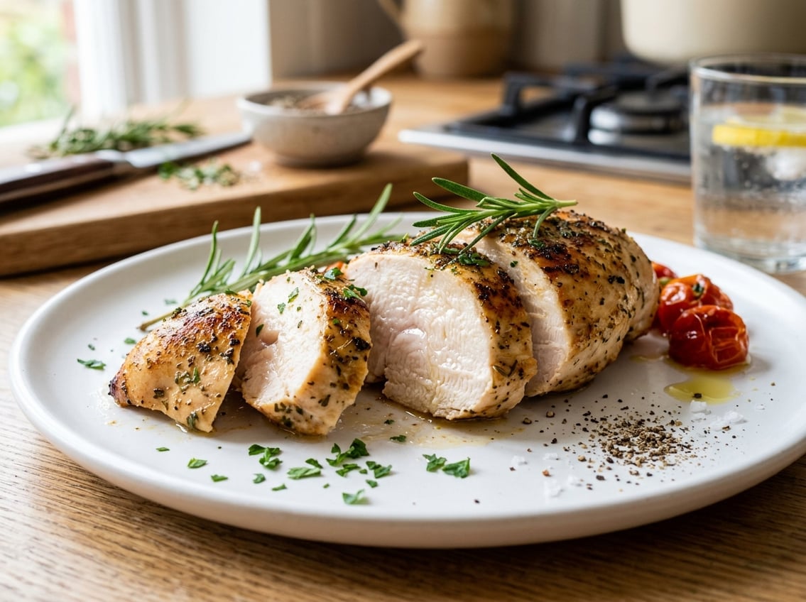 Close-up of a sliced chicken breast showing its juicy and tender interior on a white plate with fresh herbs.
