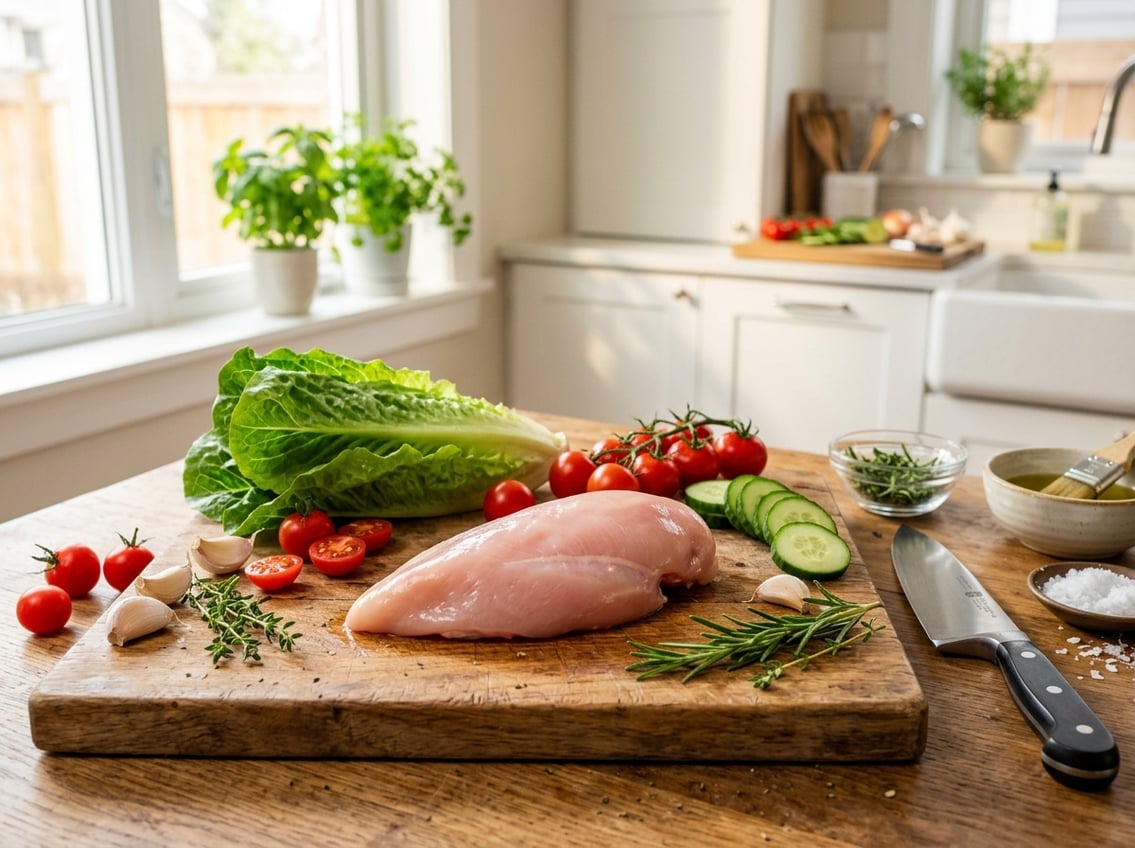 Fresh skinless chicken breast on a wooden cutting board surrounded by fresh vegetables in a bright kitchen.