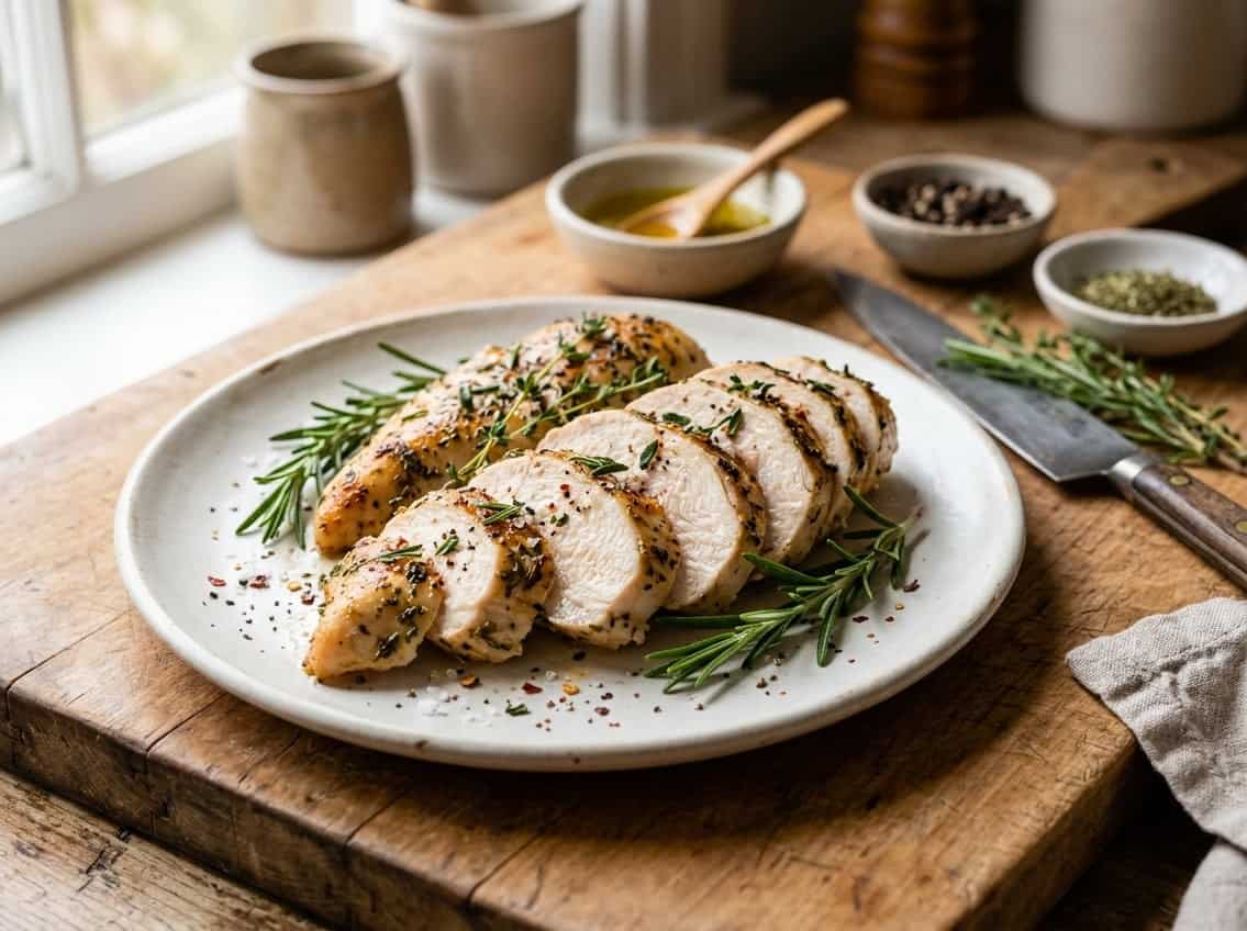A close-up of sliced cooked chicken breast on a white plate garnished with herbs, with cooking utensils and spices nearby.