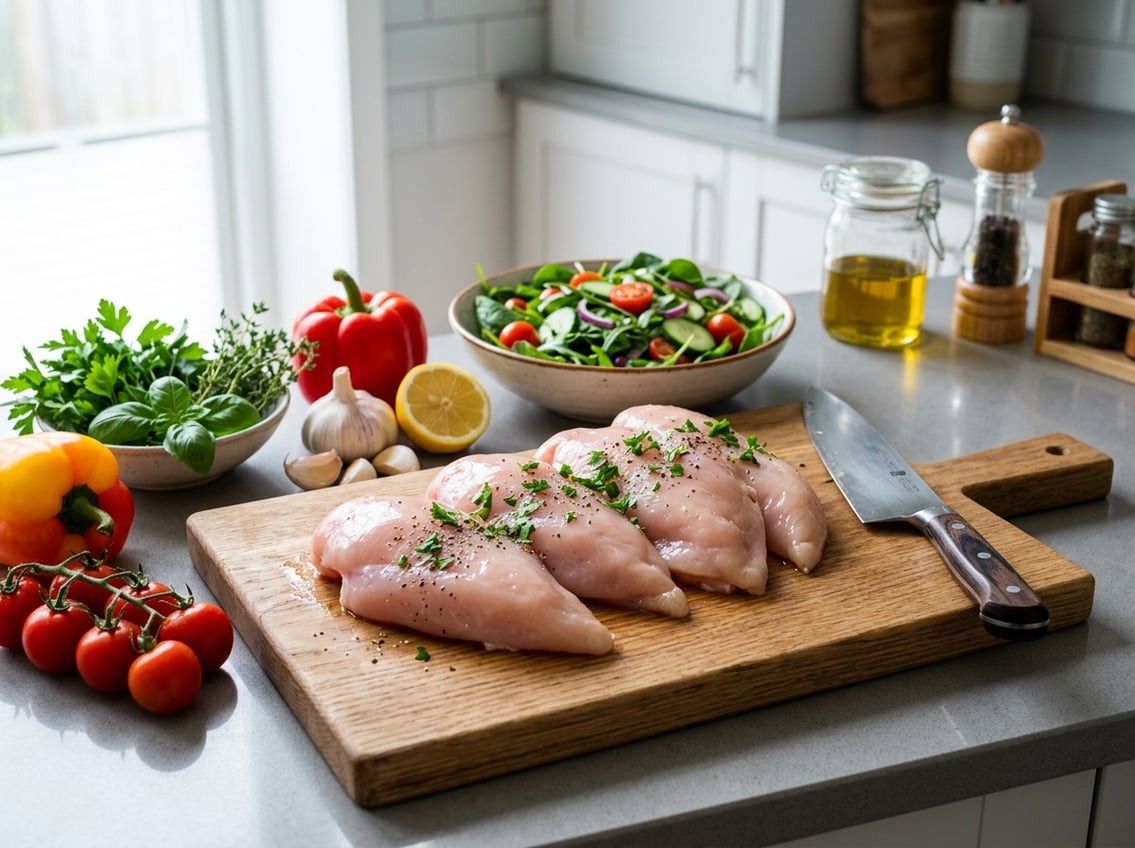 Fresh skinless chicken breasts on a wooden cutting board surrounded by vegetables and herbs in a modern kitchen.
