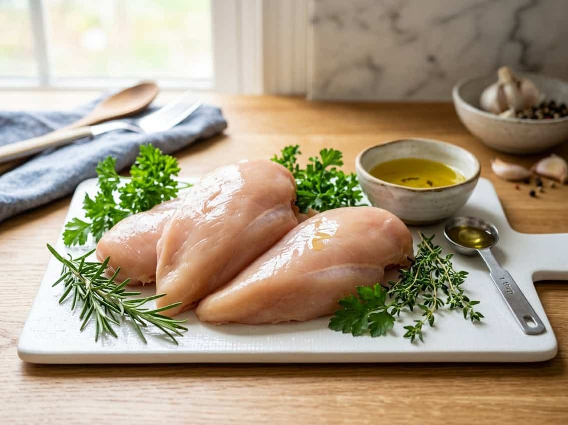 Fresh raw chicken breasts on a cutting board with herbs and a small bowl of olive oil in a kitchen setting.