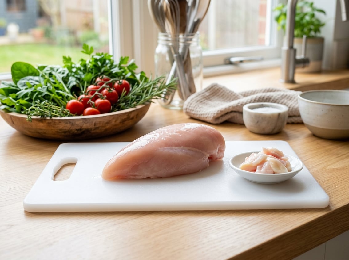 Raw chicken breast on a cutting board with separated chicken fat and fresh vegetables in the background.